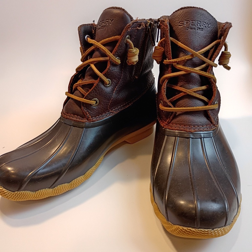 Sperry Saltwater Duck Boots Brown Leather Ankle Rain Boots STS91176 Womens 8.5 M